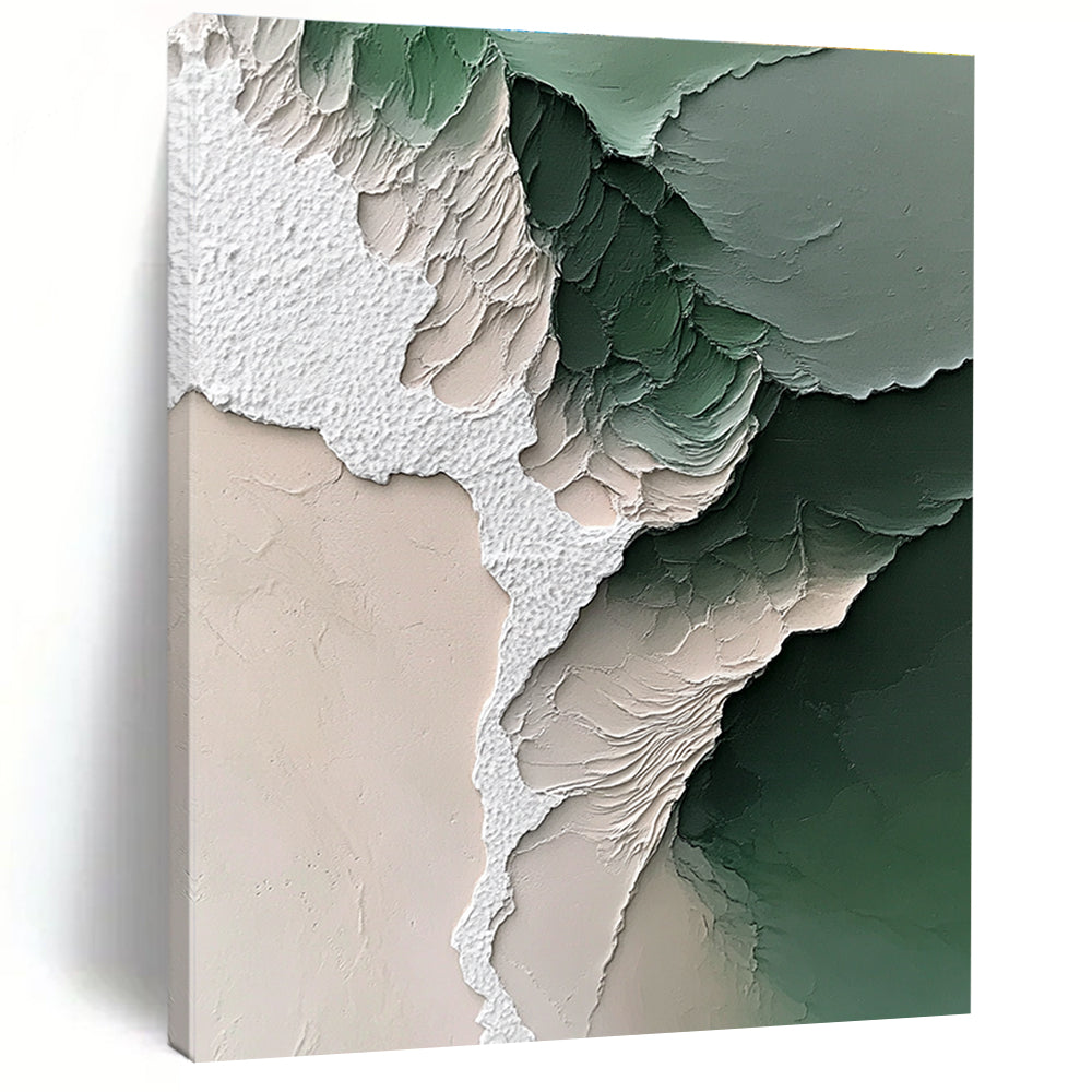 Large Abstract Painting Featuring a White Beach and Green Water with Impressionistic Brushstrokes and Dreamy Colors Capturing Nature's Beauty.STSC1246