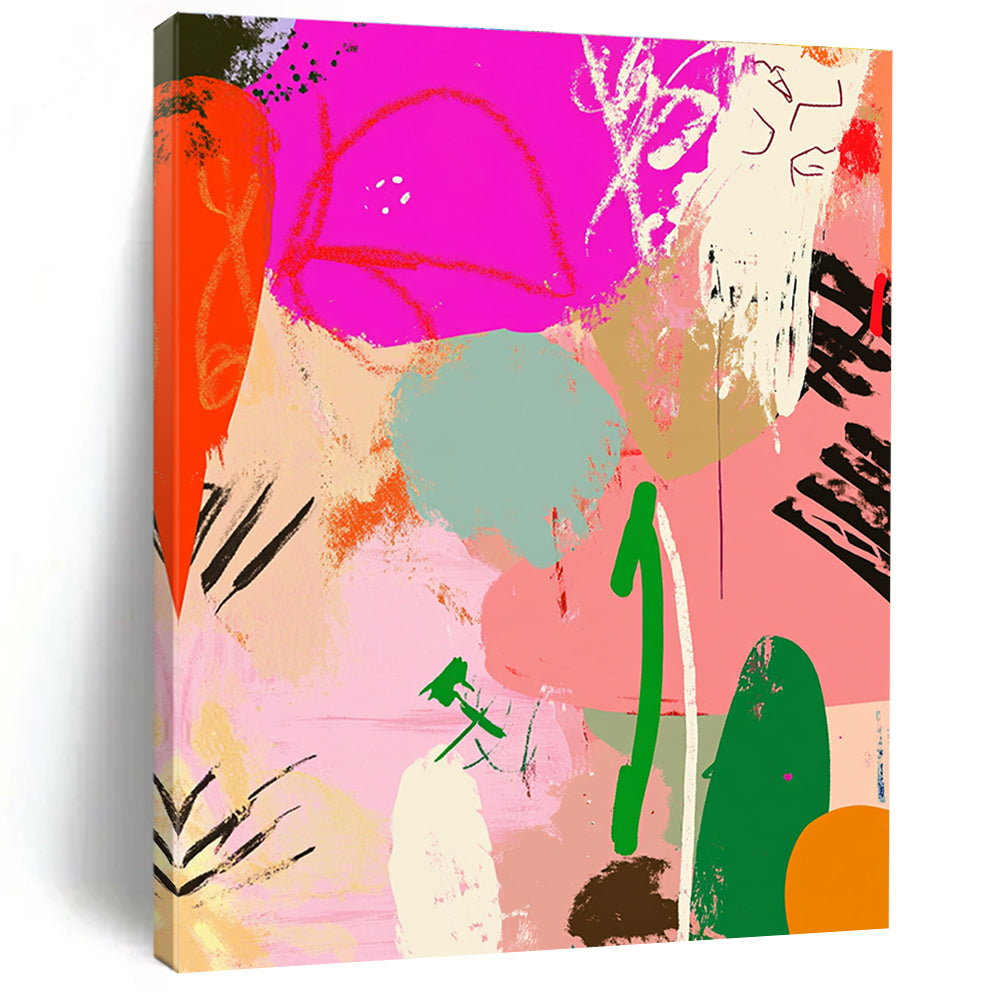 Large abstract painting featuring playful lines and whimsical patterns in pink, green, and orange creating a vibrant collage with organic forms.STSC485