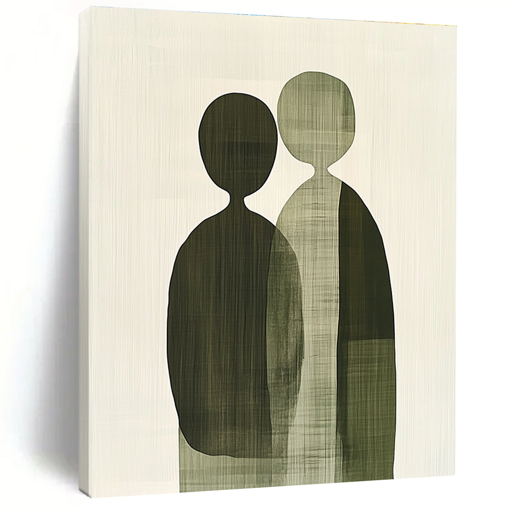 A large abstract painting featuring green and gray shapes with subtle textures, depicting unity and connection through minimalist design and soft tones.STSC1075