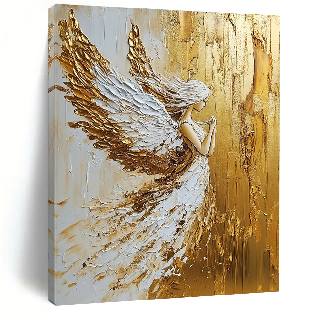 Large abstract painting in gold and white colors created with palette knife oil paint for a striking modern decor piece.STSC007