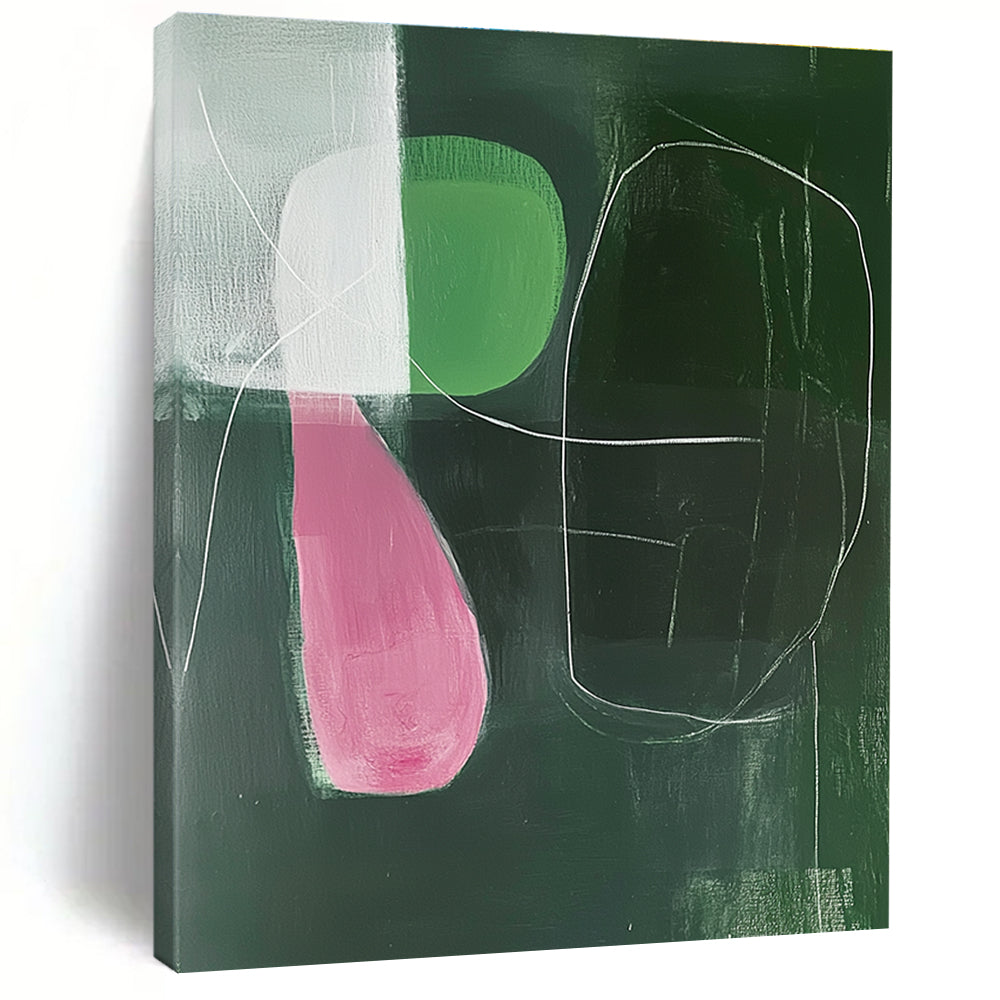 Large abstract painting featuring emerald and pink shapes with soft lighting and white lines in a minimalist Matisse-inspired style.STSC1298