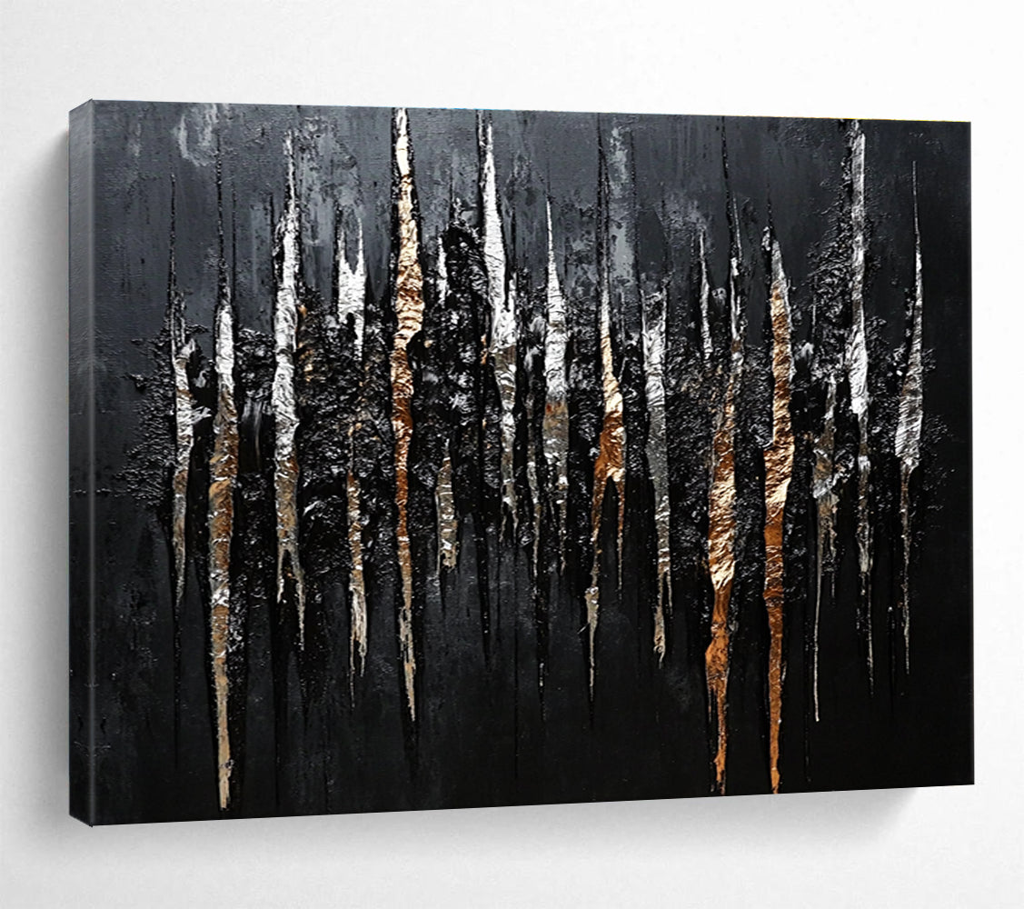 Large abstract painting featuring shiny metallic streaks of silver and bronze on a black background creating intricate organic patterns.SC019