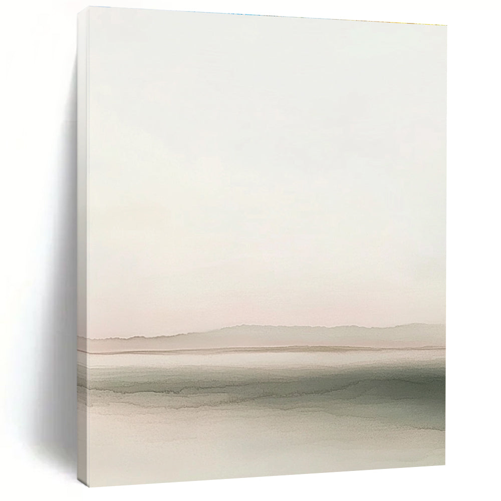 Large abstract painting featuring a soft horizon blending gray to pink with calming waves and distant hills ideal for text or design elements.STSC1242