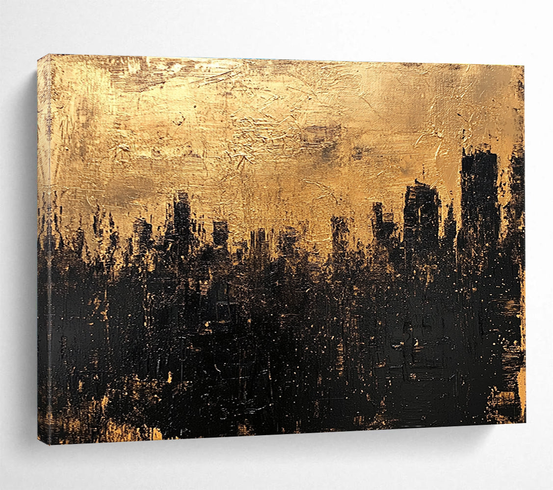 Gold and Black Cityscape Abstract Painting with Textured Layers DYP302