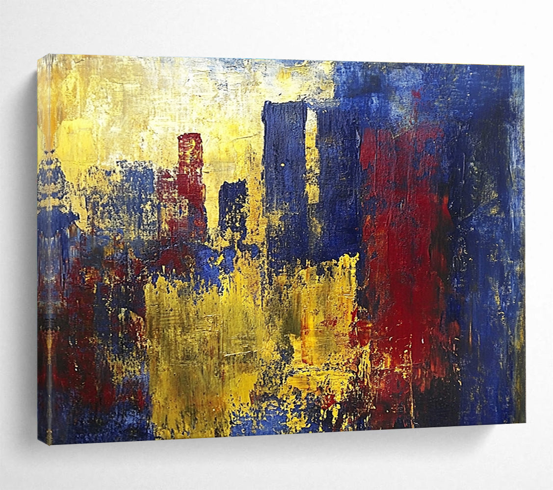A large abstract painting inspired by J.M.W. Turner and Picasso featuring vibrant yellow blue and red hues with heavy brush strokes and dynamic textures.SC357