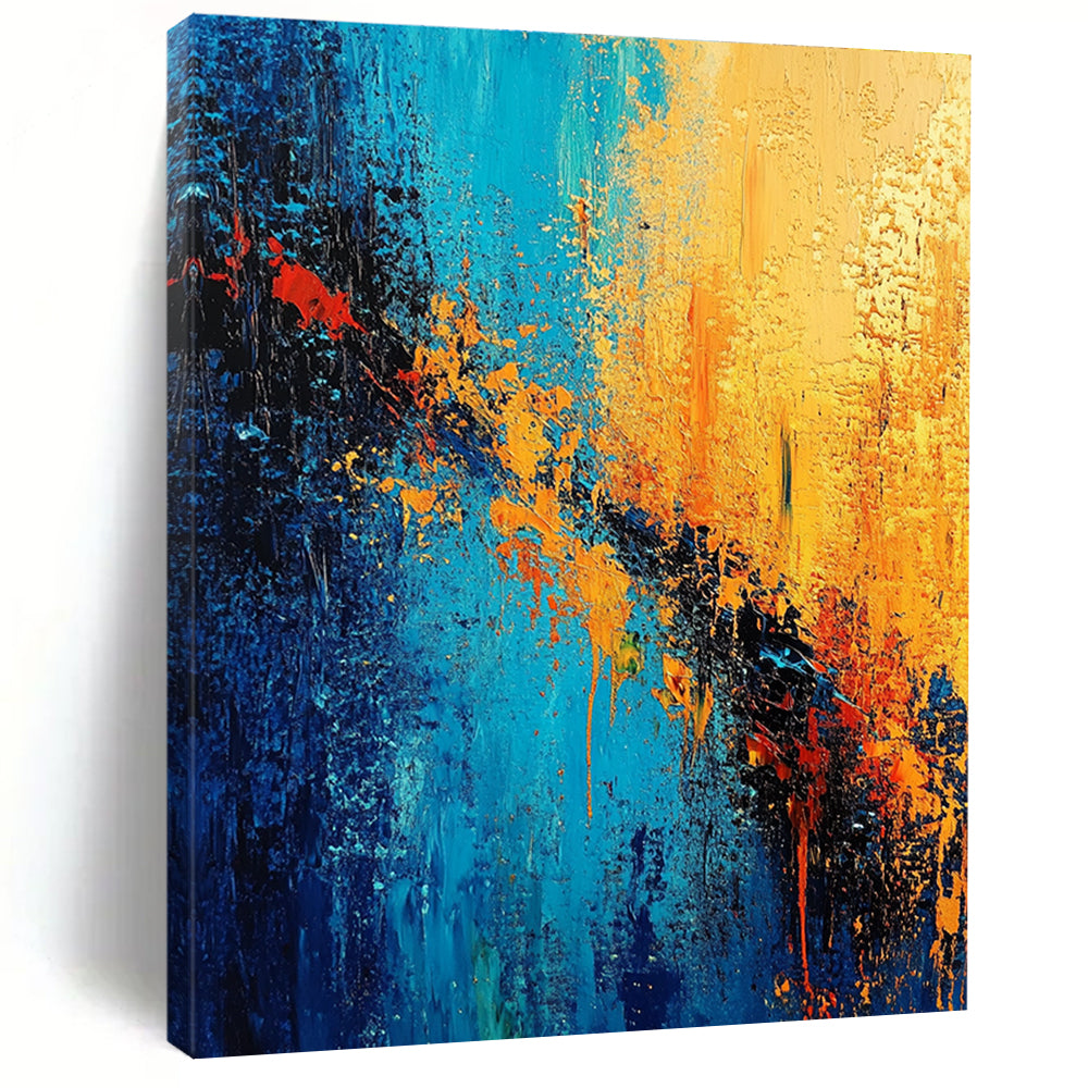 Blue and Orange Abstract Painting with Fiery Contrasts GER387