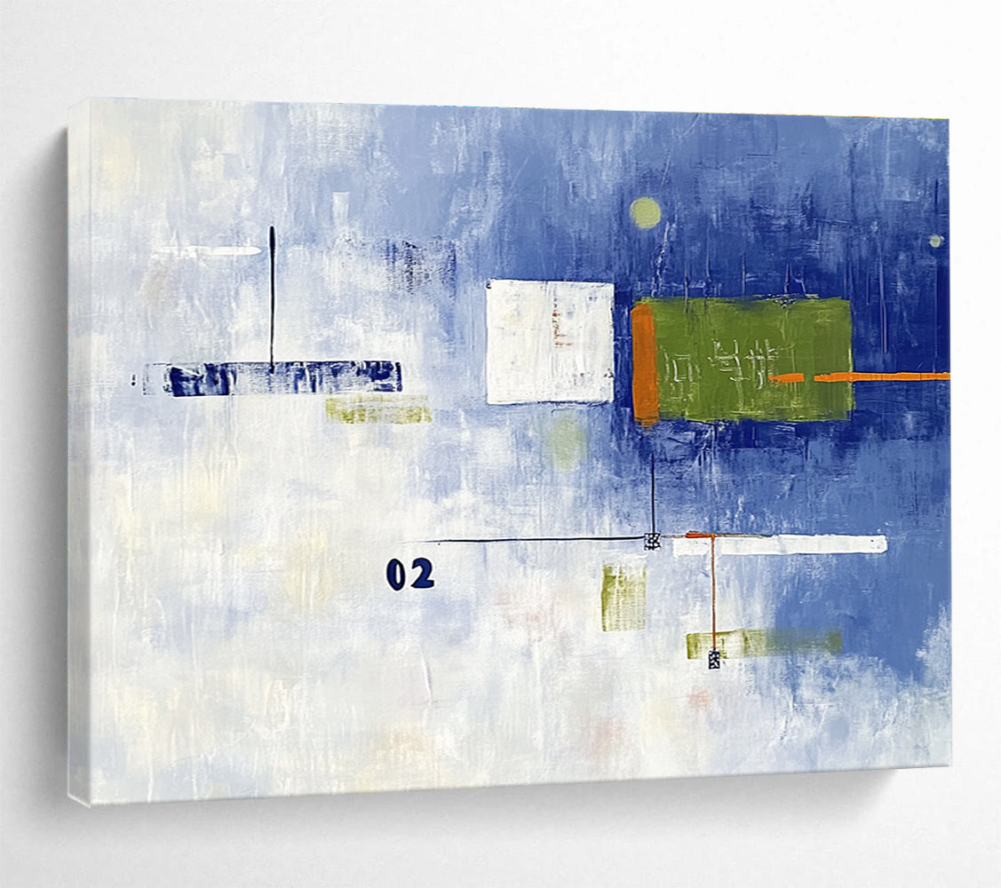 A large abstract painting with broad brush strokes in cool blue and white, featuring bold geometric shapes in green and orange, creating depth and contrast.SC493