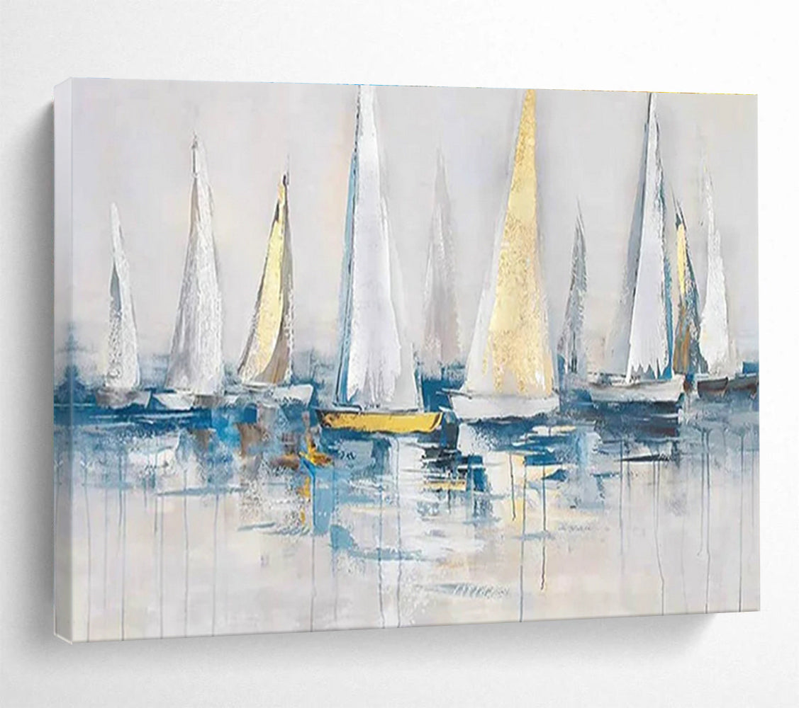 Sailboats on Water Abstract Painting with White, Gold, and Blue THY259