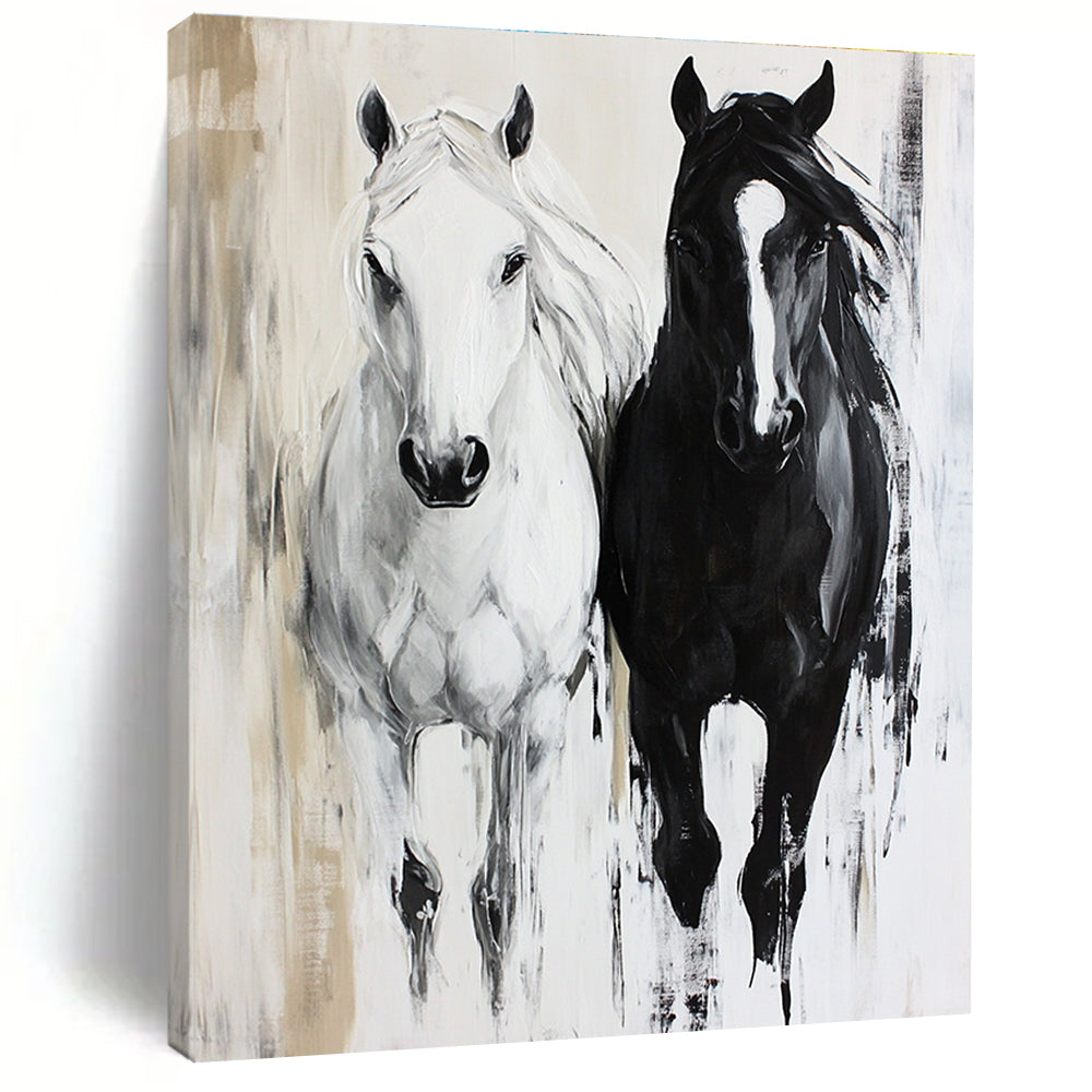 Large Abstract Painting Featuring Two Horses A White and a Black Horse in a Unique Artistic Expression.STSC1452