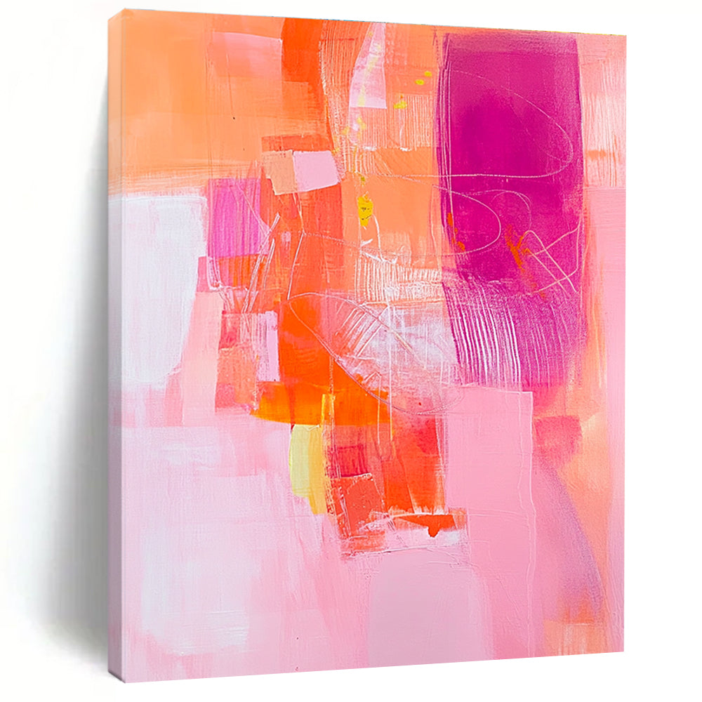 Vibrant Pink and Orange Abstract Painting with Dynamic Shapes GER254