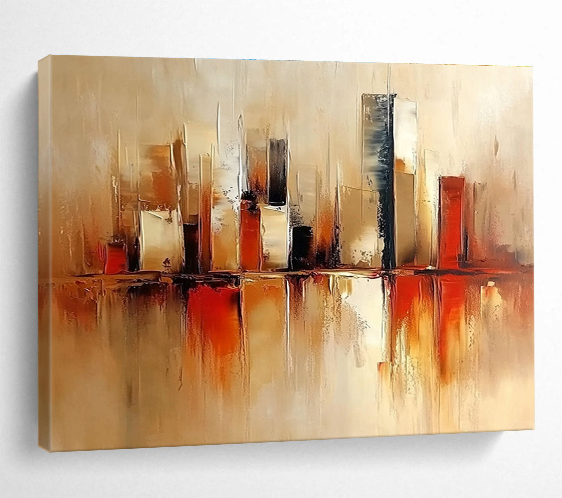 Large abstract painting featuring a modern cityscape in warm beige and red tones with soft brush strokes and minimalist design.SC098