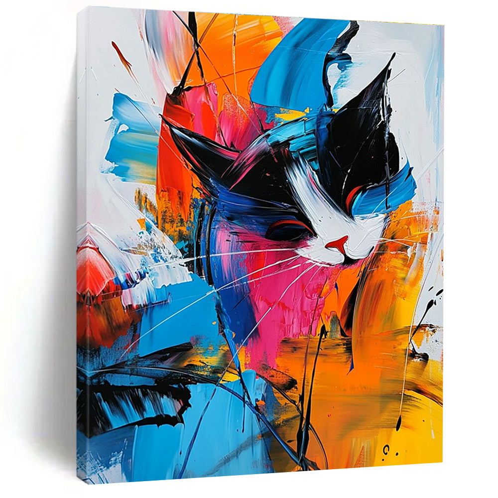 Large abstract painting featuring colorful shapes and lines with expressive brushwork and dynamic lighting on a white background with blue accents.STSC306