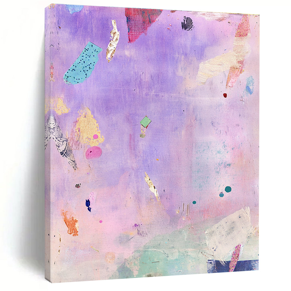 A large abstract painting featuring whimsical floating objects in lavender and pink with vintage fabric pieces and a serene dynamic composition that evokes joy.STSC1207