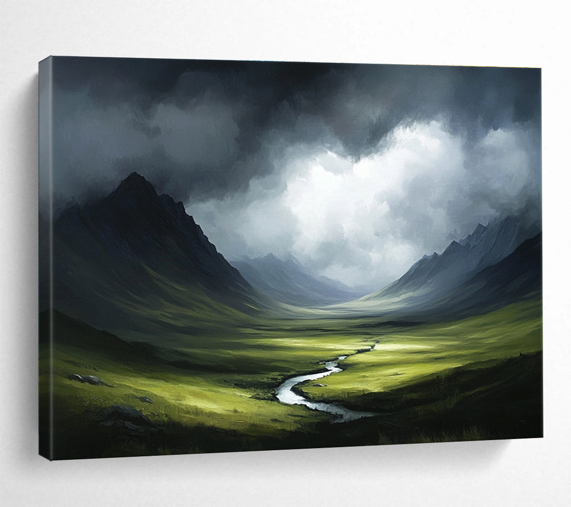 A large abstract painting of the Scottish Highlands featuring stormy skies and dark greenery in a painterly style reminiscent of Greg Rutkowski.SC607