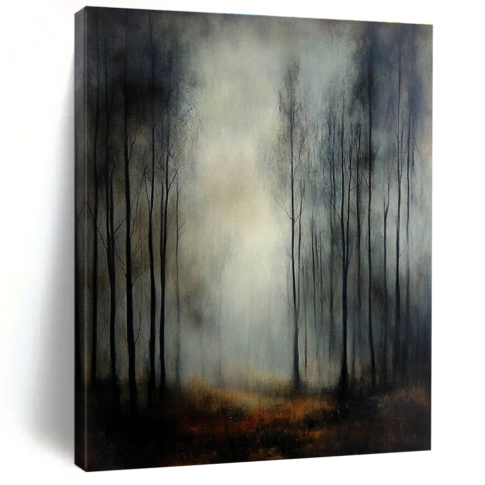 Large Abstract Painting of a foggy autumn forest featuring thin trees and chiaroscuro lighting for a dramatic mysterious atmosphere.STSC1306