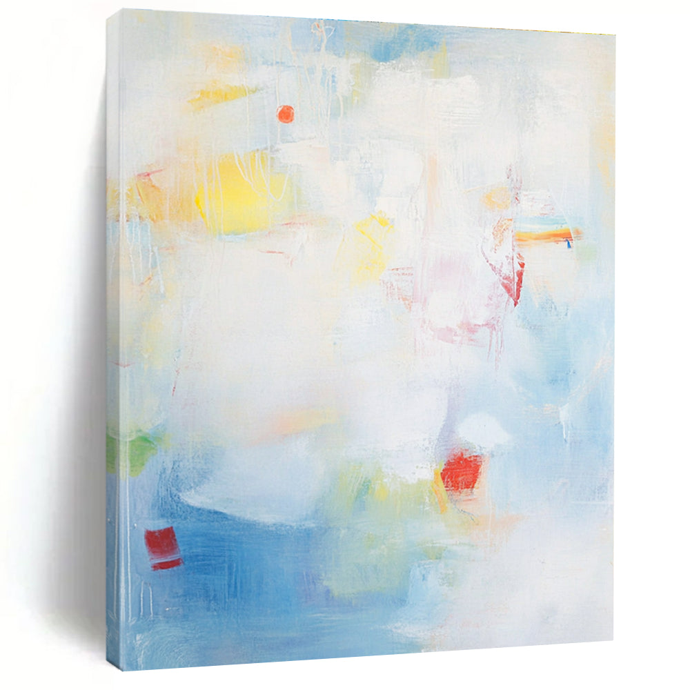 Large abstract painting with a light blue background and soft strokes depicting the sea with waves rocks and fishing boats.STSC401