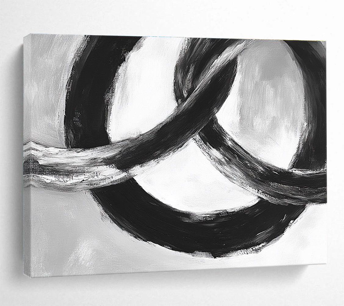 Black and White Linked Rings Abstract Painting with Bold Brushstrokes DYP175