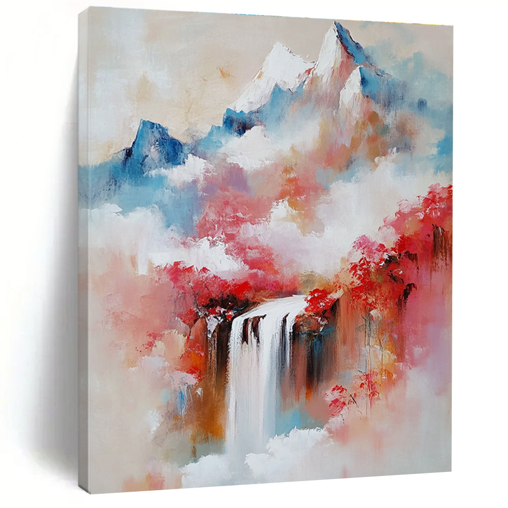 Large Abstract Oil Painting Featuring Mountains Waterfalls and Misty Atmosphere in Shades of Red and Pink With Delicate Brushstrokes.STSC171