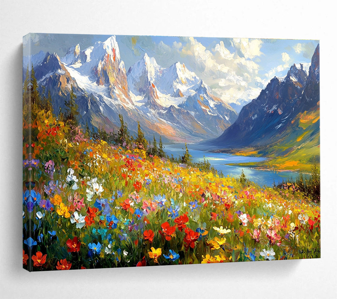 Abstract painting of vibrant wildflowers with majestic snow-capped mountains lakes and forests creating a stunning natural landscape.SC581