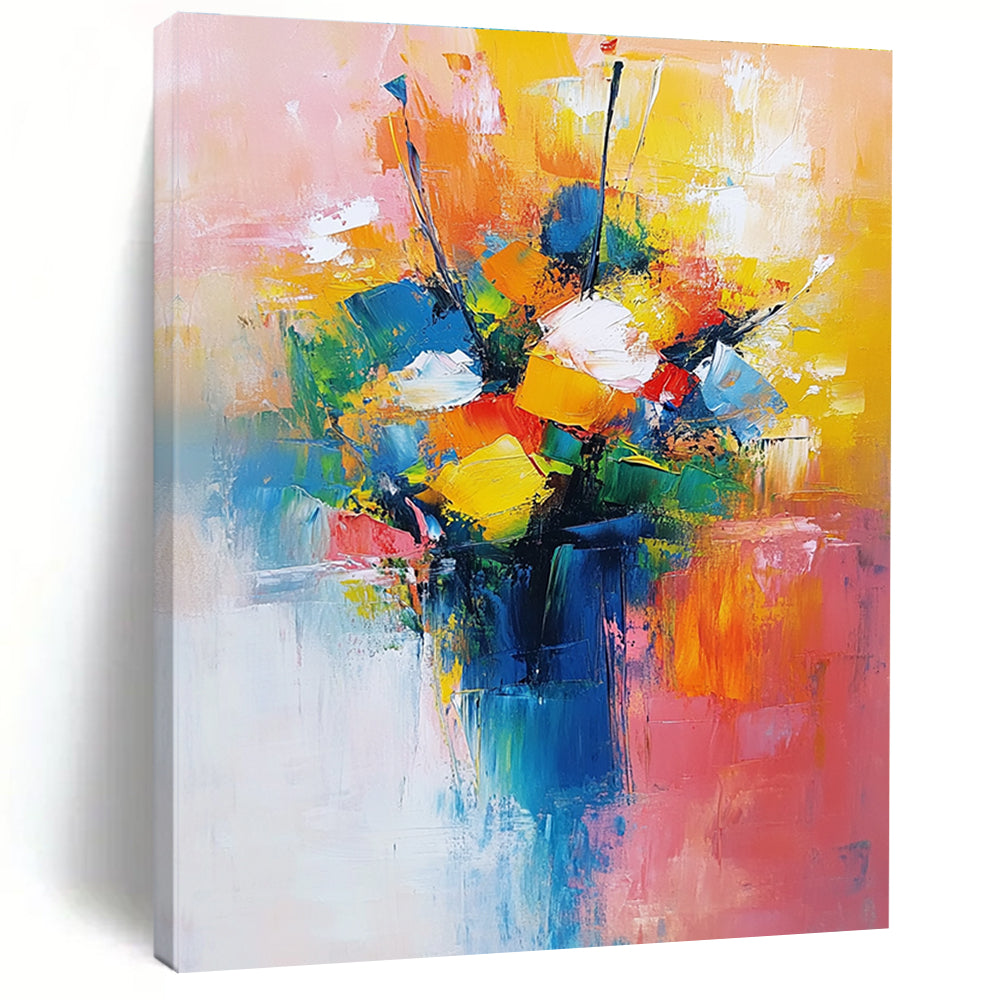 Large abstract painting featuring a vibrant bouquet in yellow blue and red with a light pink orange background conveying joy and calmness.STSC251