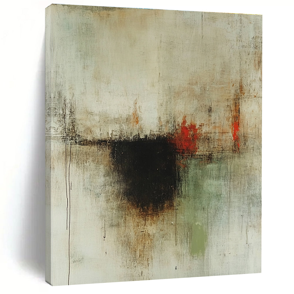 Large abstract painting with faded neutral tones and subtle red accents featuring a central dark brown spot and hints of green and earthy colors.STSC610