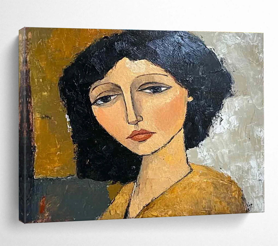 Stylized Portrait Abstract Painting with Simplified Forms and Earth Tones THY248