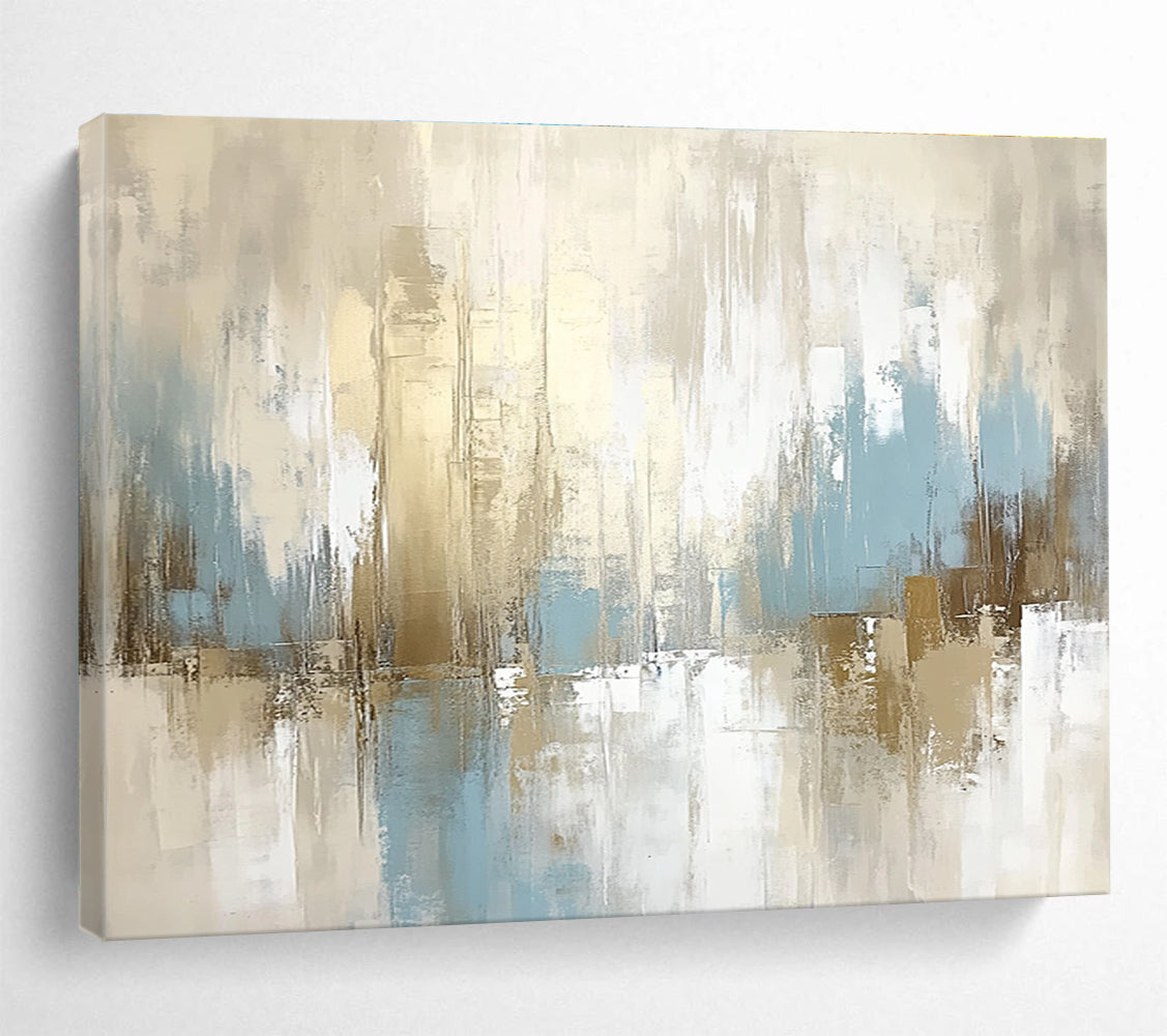 Large abstract painting in beige and white with light blue accents featuring soft tones and dreamy atmosphere for an elegant and tranquil space.SC097