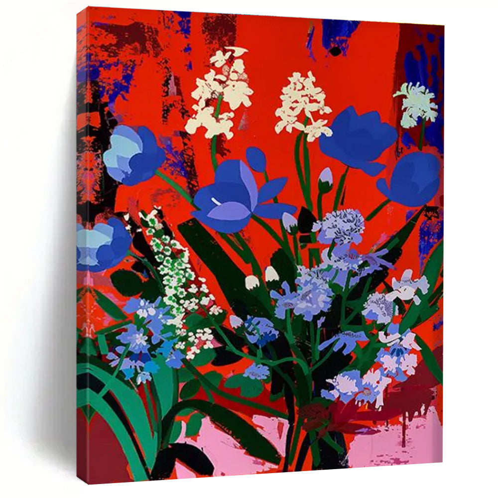Blue and White Blooms on Red Abstract Flower Painting ADGE101
