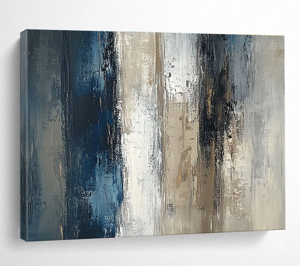 Abstract oil painting of a textured vertical wall featuring neutral tones with blue and brown accents on a beige grey and white canvas.SC121
