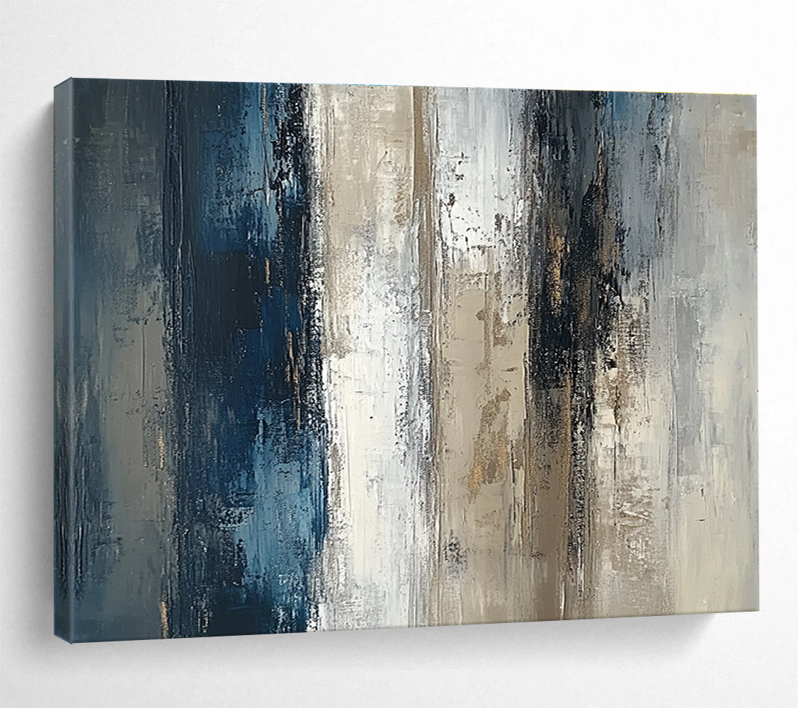 Abstract oil painting of a textured vertical wall featuring neutral tones with blue and brown accents on a beige grey and white canvas.SC121
