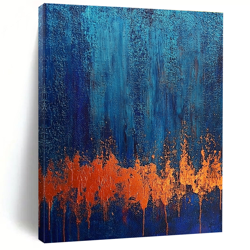 Large abstract painting on textured canvas showcasing rust and blue tones evoking a twilight forest with a copper bark-like foreground.STSC720