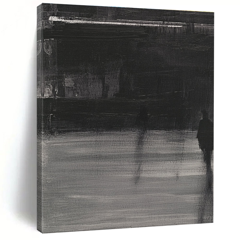 Large abstract painting featuring deep gray tones bold brushstrokes and a mysterious atmosphere with soft lighting and striking light shadow contrasts.STSC910