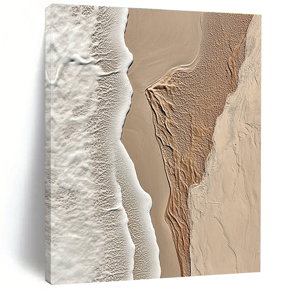 A large abstract painting featuring intricate textures of beige sand and white waves capturing the tranquility of coastal landscapes.STSC1294