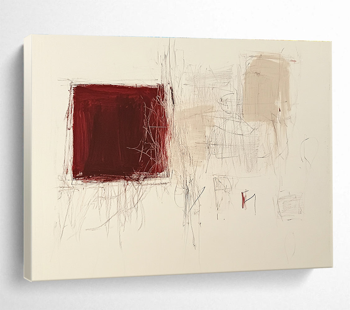 Large abstract painting featuring a dark red square and light beige scribbles on white paper with small doodle shapes.SC552