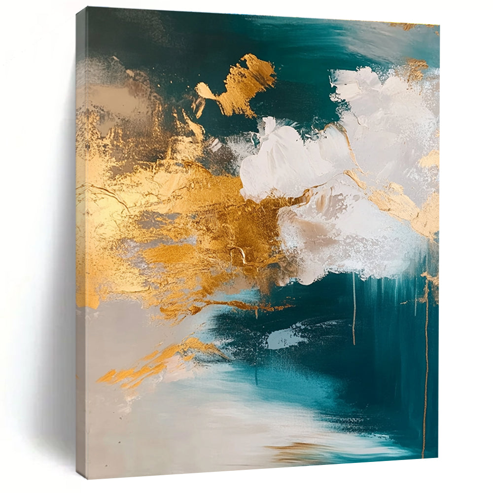 Teal and Gold Abstract Painting with Cloud - like Textures GER630