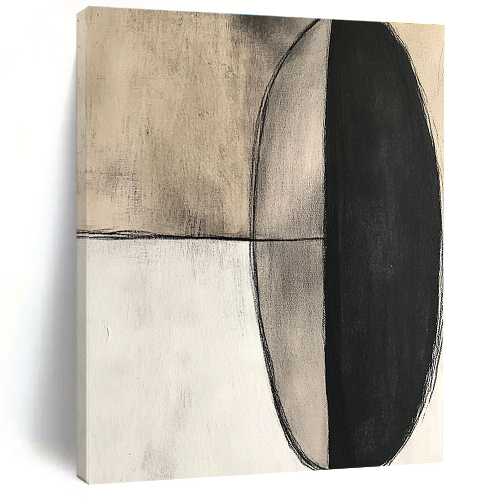 Large abstract painting featuring an oval shape in black ink and charcoal on textured cream canvas with a modern minimalistic style.STSC663