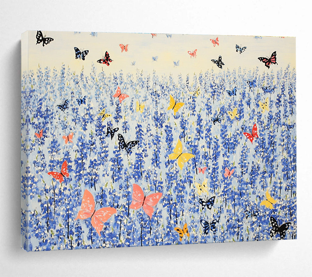 An abstract painting of bluebells surrounded by colorful butterflies in the vibrant style of Henri Matisse.SC463