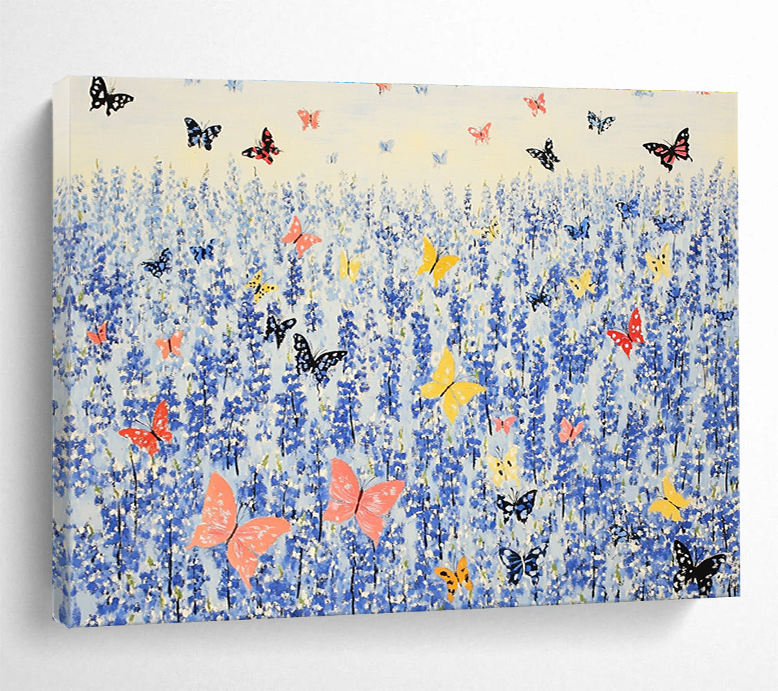 An abstract painting of bluebells surrounded by colorful butterflies in the vibrant style of Henri Matisse.SC463