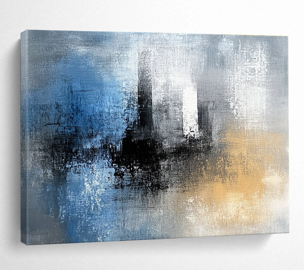 Abstract painting featuring blue black and white textures with gray yellow and brown hues complemented by a tower silhouette in the background.SC032