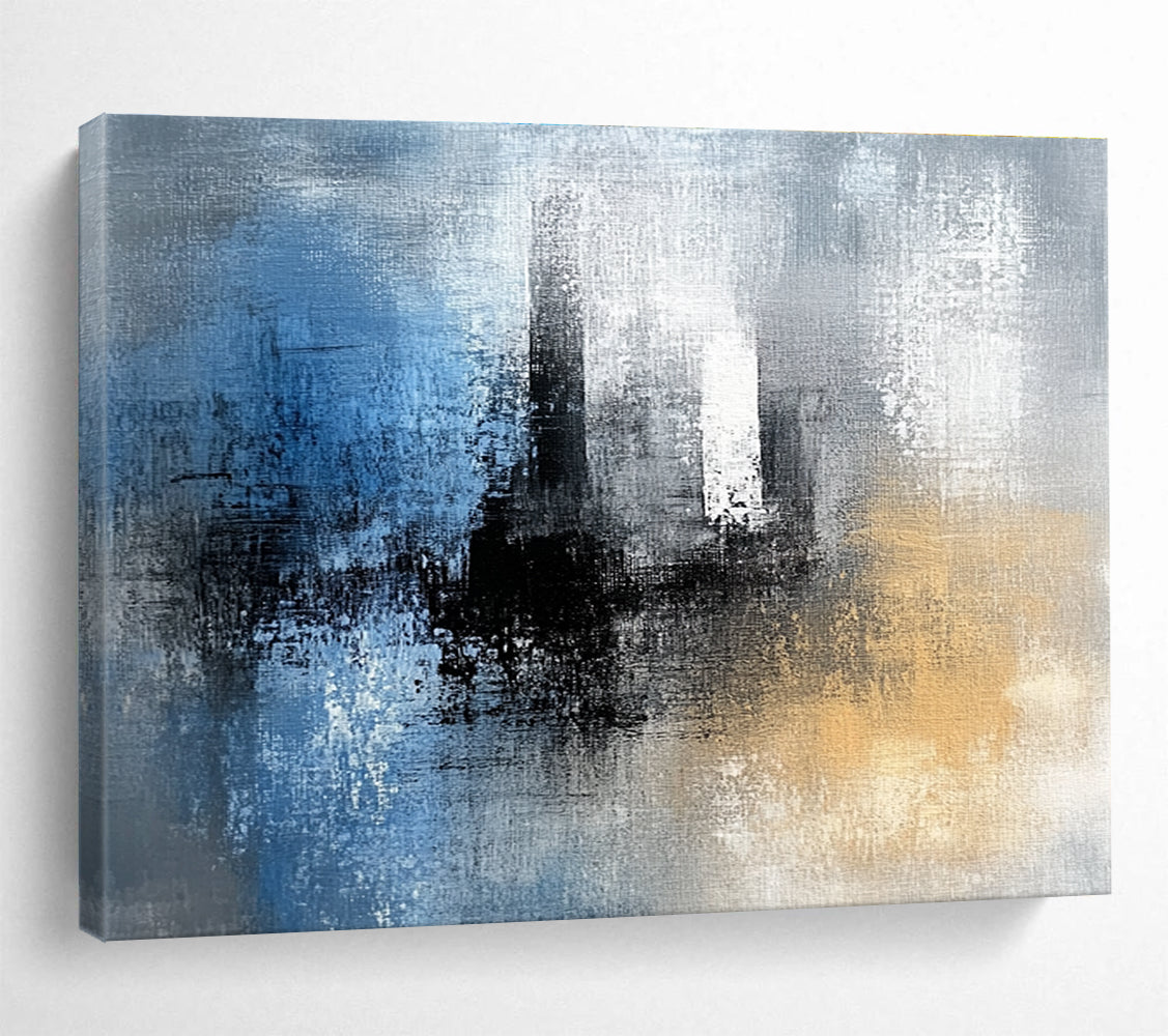 Abstract painting featuring blue black and white textures with gray yellow and brown hues complemented by a tower silhouette in the background.SC032