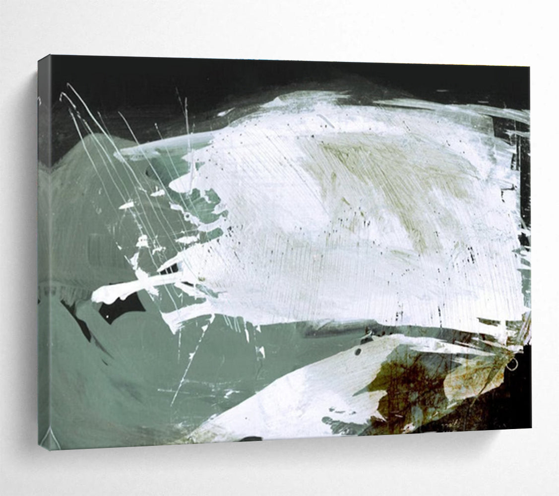 Textured White and Green Abstract Painting with Dynamic Layers THY133