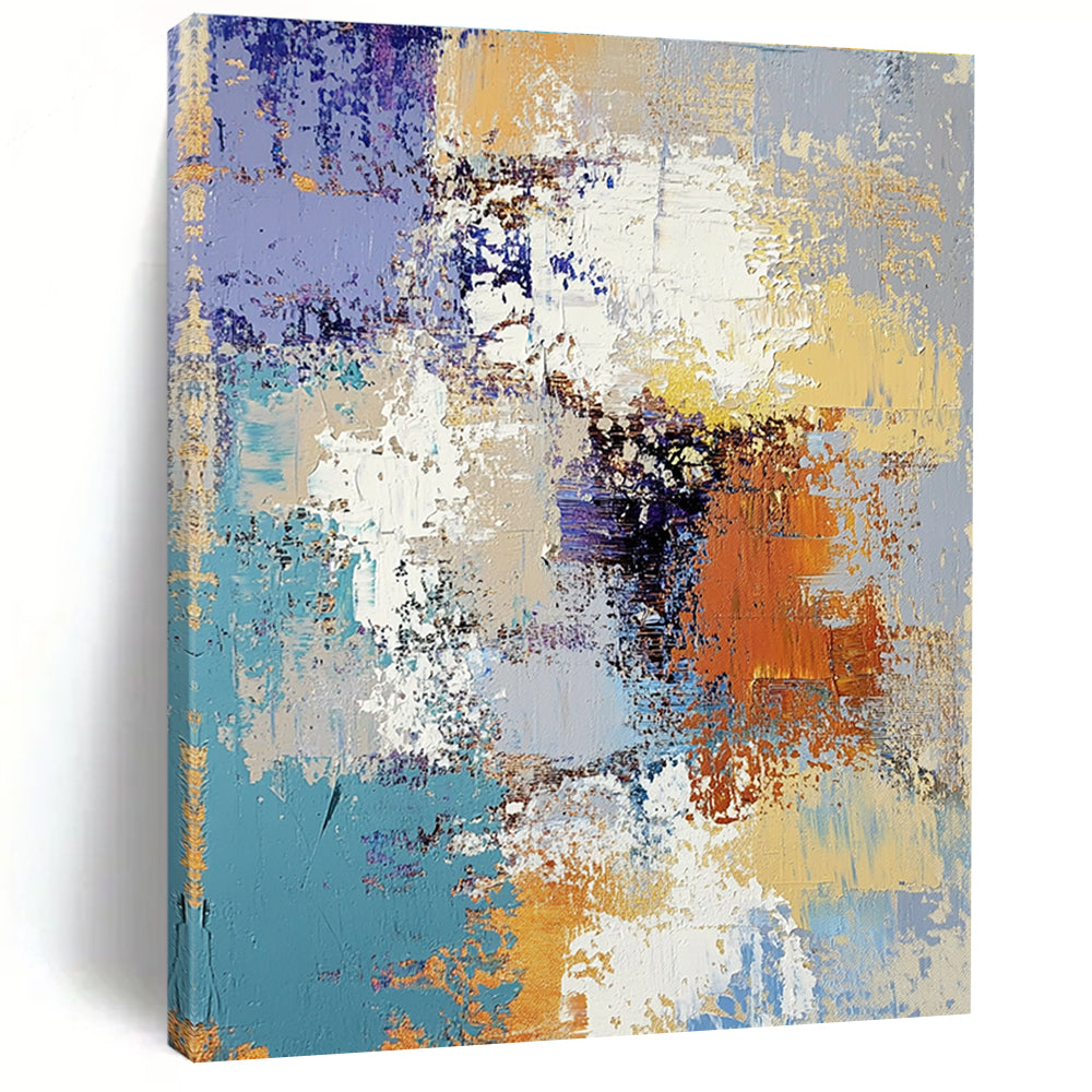 Large abstract oil painting featuring textured layers of blue yellow white gray beige and brown with intricate patterns and emotional depth.STSC584
