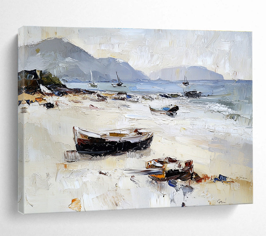 Beach with Boats Impasto Abstract Painting with Light and Neutral Tones DYP602