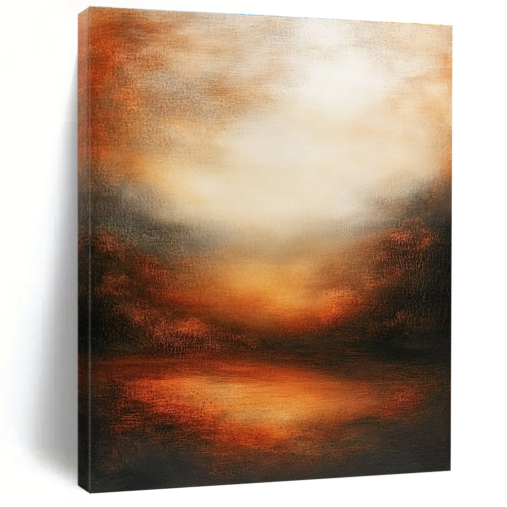 Large abstract oil painting featuring an atmospheric sunset with muted earth tones deep oranges and soft shadows evoking tranquility and harmony.STSC146