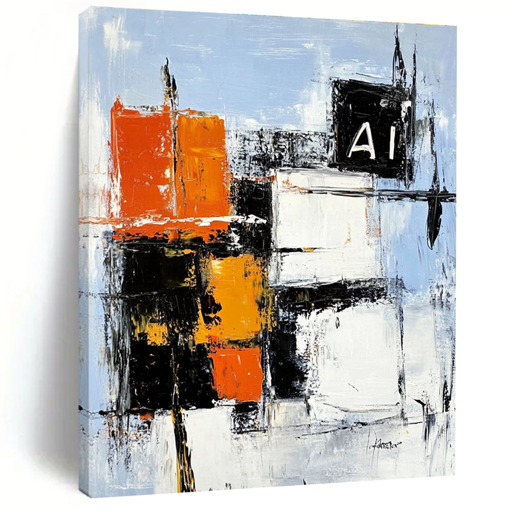 Large abstract painting featuring bold black white and orange building shapes on light blue canvas with dynamic brush strokes and textured layers.STSC742
