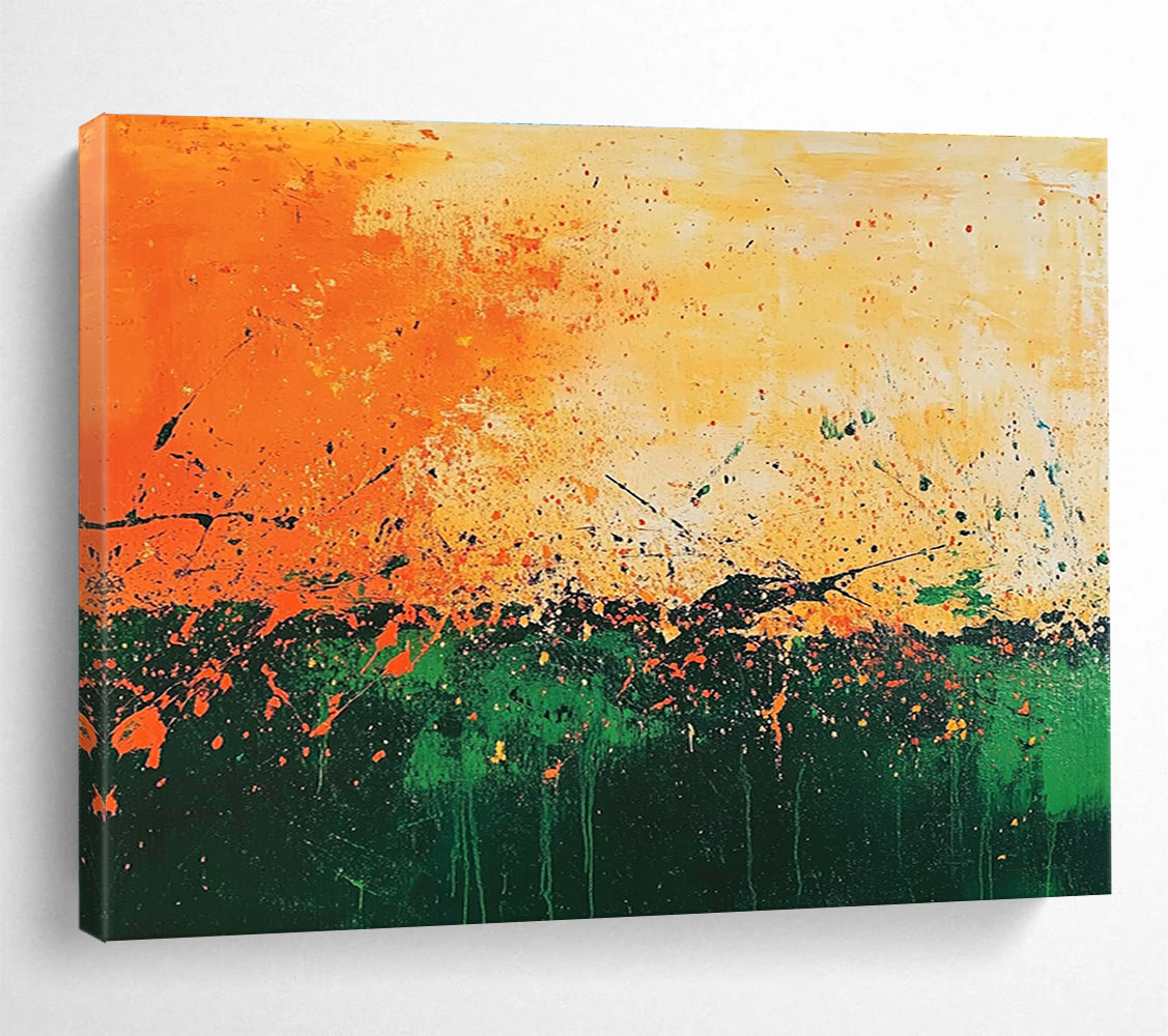 Large abstract painting featuring vibrant orange and green paint splatters reminiscent of Jackson Pollock's dynamic style.SC062