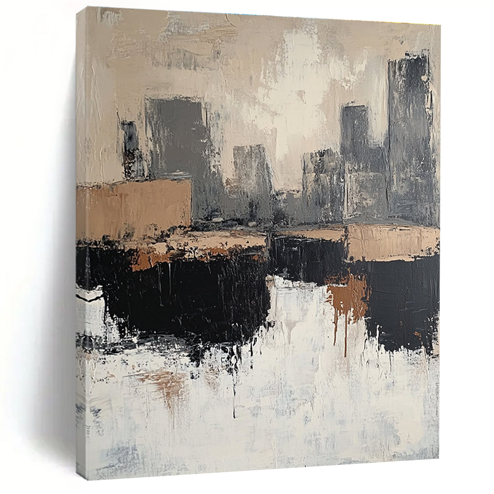 Large abstract painting featuring beige and white tones with gray and brown accents depicting rocks and a cityscape in a minimalist style.STSC412
