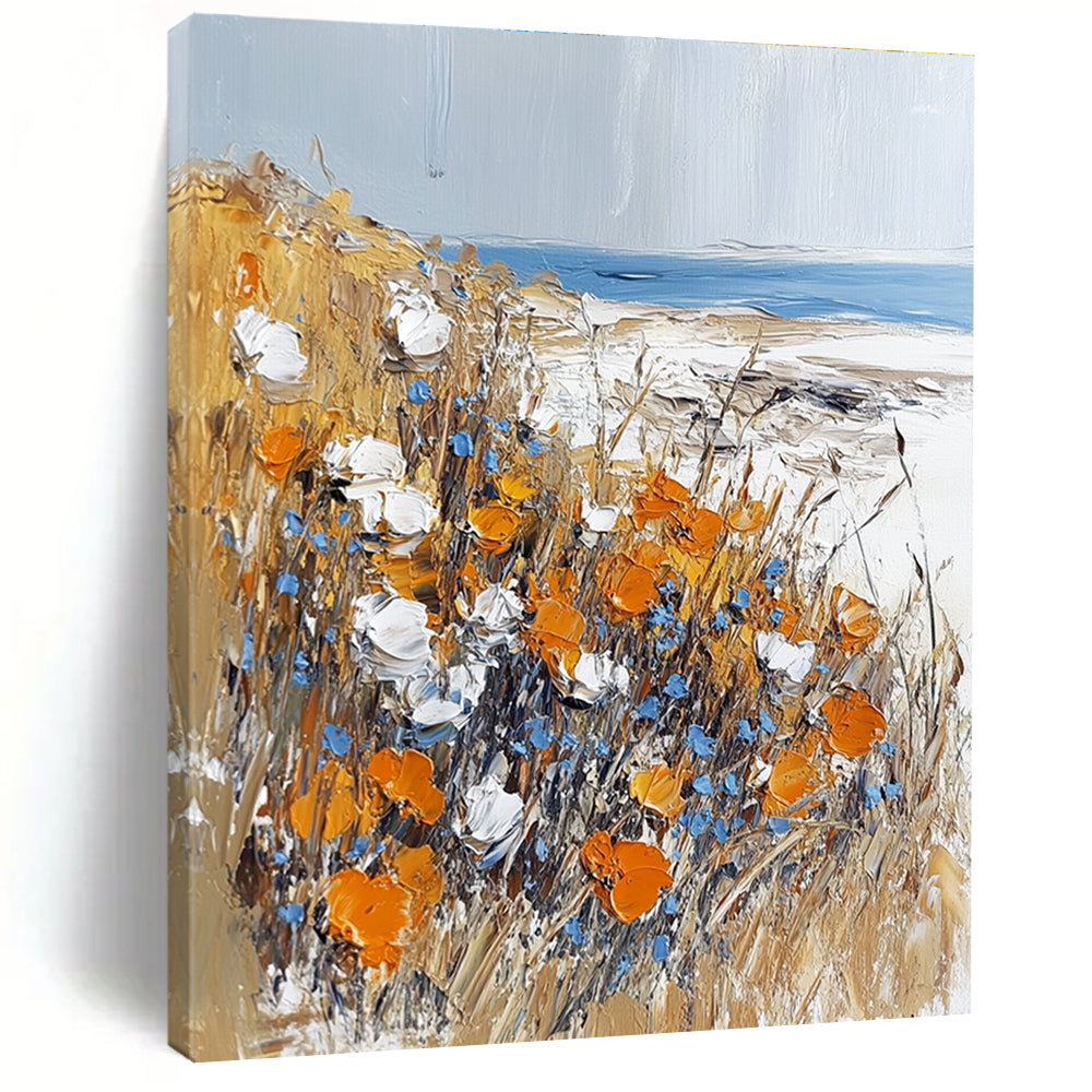 Abstract painting featuring impasto technique with meadow flowers on the beach in white orange and light blue hues.STSC1369