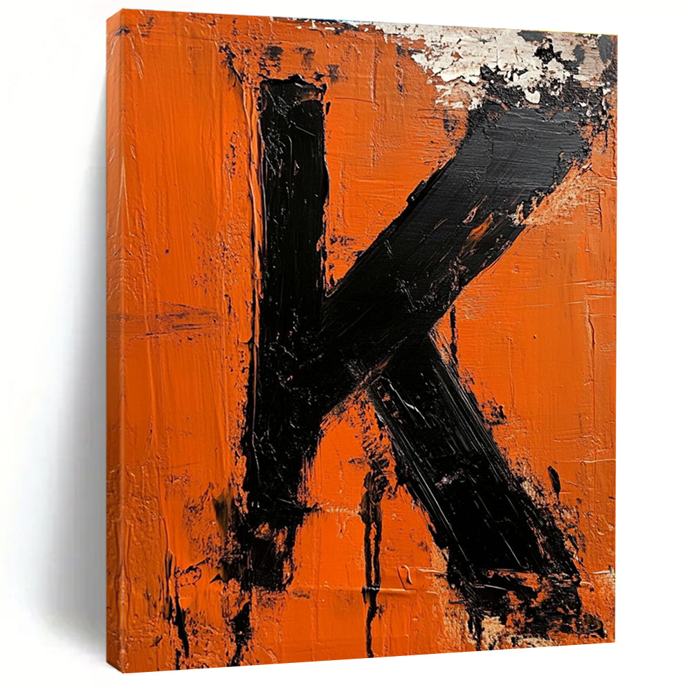 Large abstract impasto oil painting featuring the letter K in vibrant orange and black inspired by minimalist design.STSC1326