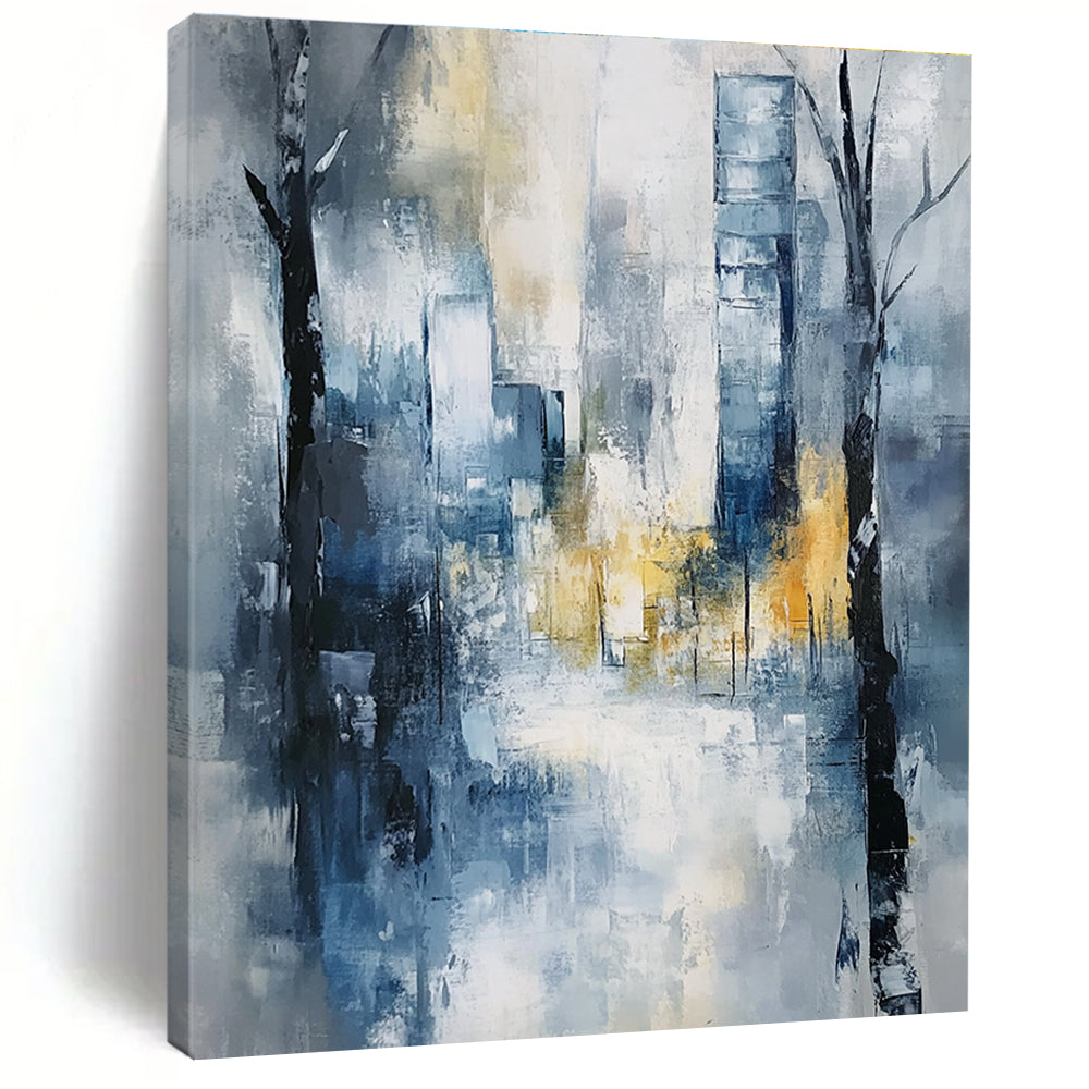 Large abstract painting of an urban cityscape in soft blue and grey tones with hints of yellow and white, featuring expressionist elements and a serene mood.STSC278